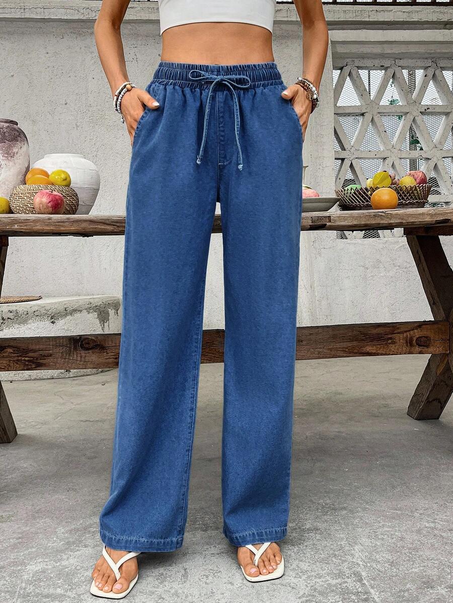 Women's Casual & Commute-Friendly Versatile Solid-Color Straight-Leg Pants with Drawstring Waist and Side Slant Pockets